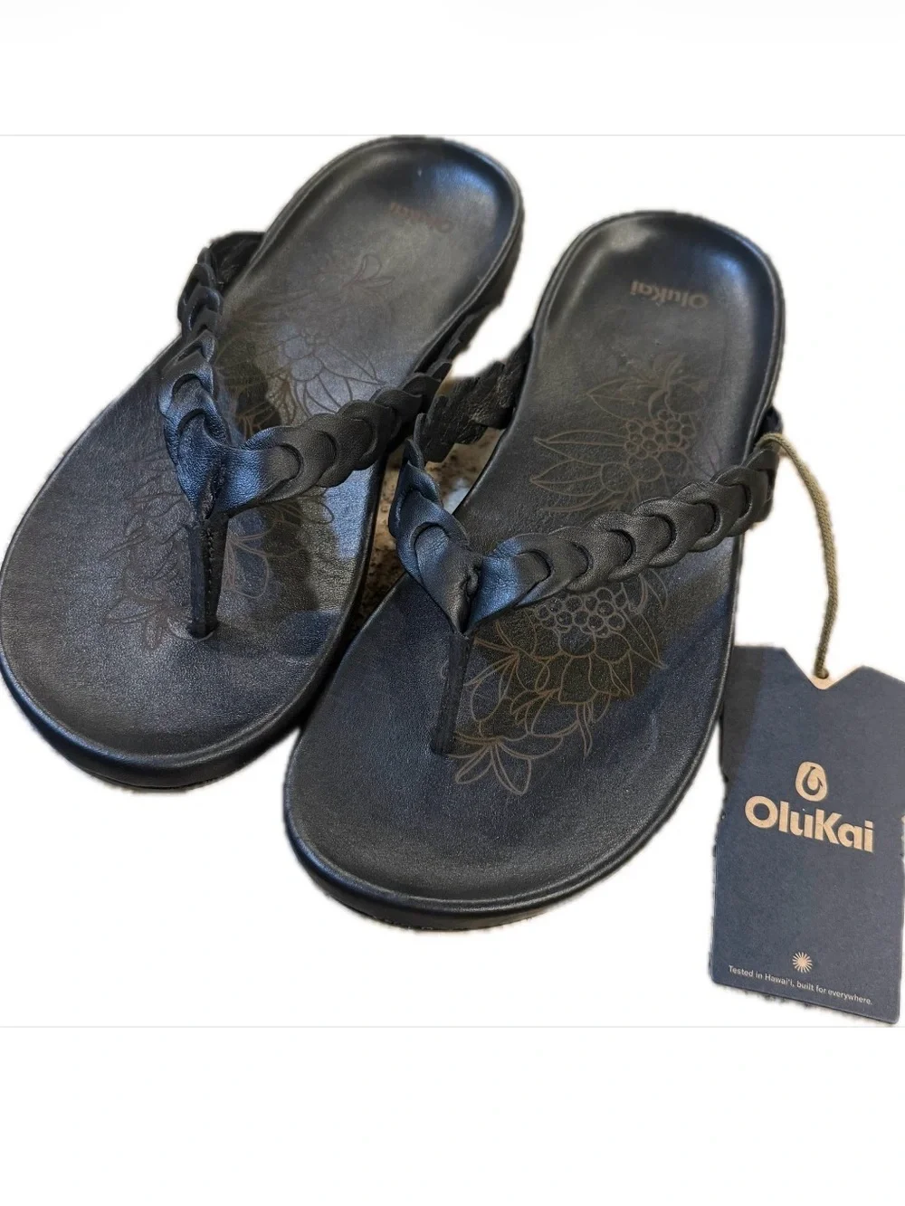 OluKai Lei Braided Leather Thong Sandals / Flip Flops - Black Size 8 - Picture 1 of 14